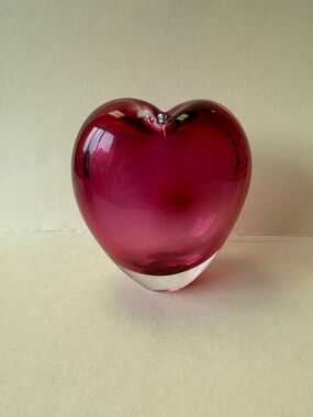 Deep Pink Cranberry and Clear Art Glass Heart Bud Vase Heavy.